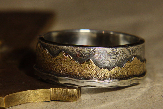 Wedding - Mountain Lake. Mans ring of 18K gold and sterling silver. Mans engagement ring.