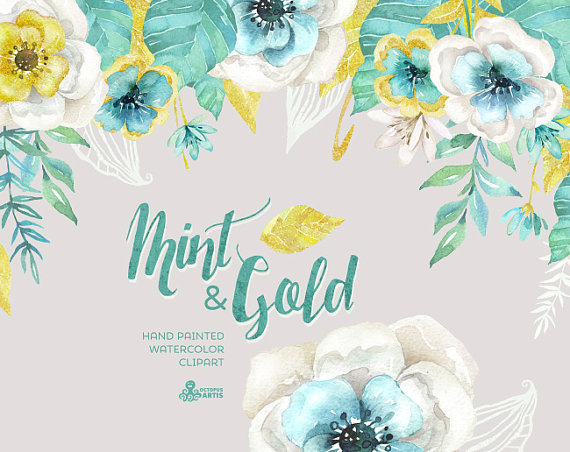 Wedding - Mint & Gold. Watercolor floral Bouquets and arrangement Clipart. Hand painted flowers, wedding diy elements, flowers, invite, gold glitter