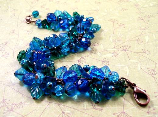 زفاف - Flower Charm Bracelet, Blue Green Teal Flower Bouquet and Copper Charm Bracelet, Free Shipping U.S.