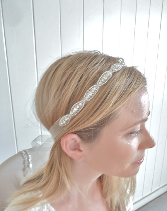 Свадьба - DARLA Beaded rhinestone headband, bridal ribbon headband, bridesmaid gift, crystal headpiece - Ships in 1 week