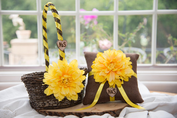 Свадьба - Yellow Flower Ring Bearer Brown Pillow & Rustic Flower Girl Basket over 10 different flowers and 35 ribbon to select from