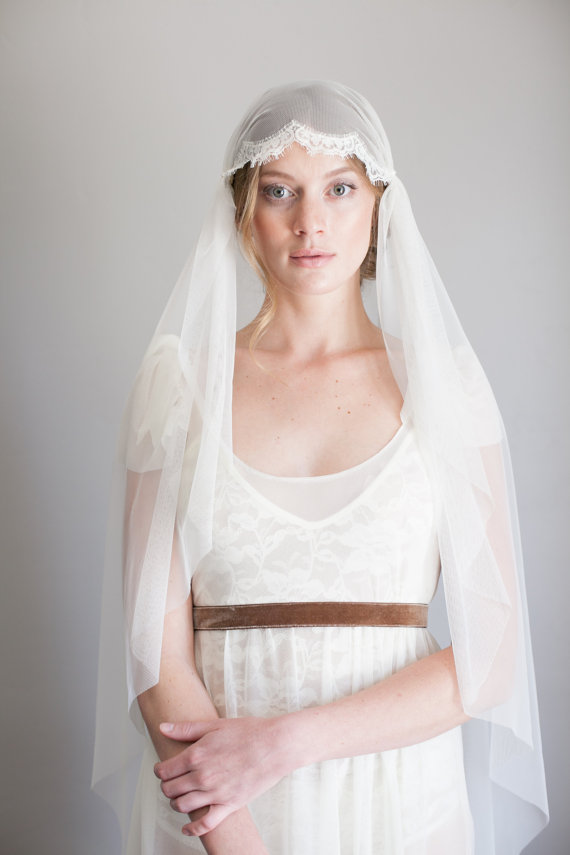Hochzeit - Chantilly lace trimmed Juliet cap veil in Imported English net #1008