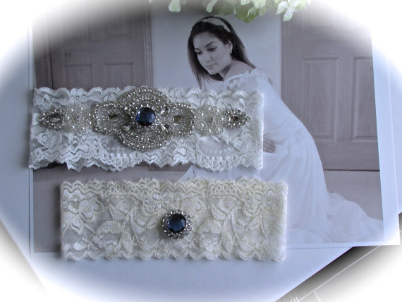 زفاف - Wedding Garter, Bridal Garter, Garter Set - Crystal Rhinestone on a Ivory Lace