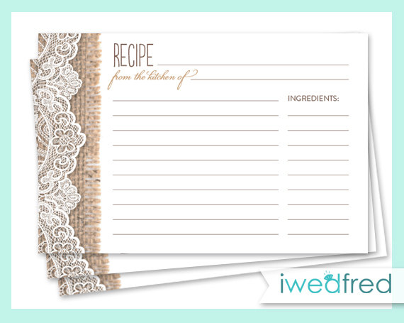 Wedding - Burlap & Lace - Bridal Shower Recipe Cards