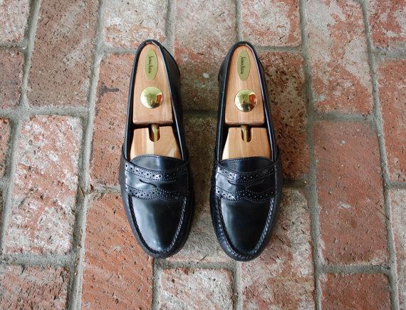Wedding - VTG Mens Sz 10 Polo Ralph Lauren Black Leather Slip On Penny Loafers Dress Oxford Perforated Wedding Shoes Preppy High Fashion Boat Shoe