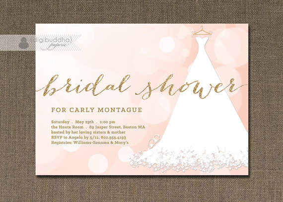 Blush Pink And Gold Bridal Shower Invitation Glitter Wedding Gown Bokeh Sparkling Lights Modern