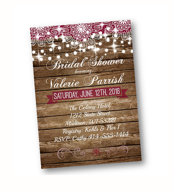 Wedding - Rustic Bridal Shower Invitation wood and lace with string of lights printed or printable option deep plum burgundy magenta burgundy invite