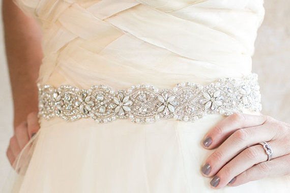 زفاف - SAMPLE SALE Floral Beaded Rhinestone & Pearl Wedding Sash, Belt, Bridal sash, Ivory, White, Pearls - Charlotte