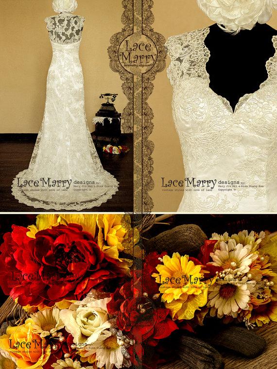 زفاف - Transparent Lace Back Wedding Dress with a Deep Slit on the Front and Deep V-Neckline with Scalloped Edges