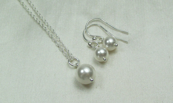 Wedding - Classic Pearl Bridal Necklace Earrings Set - Pearl Bridal Jewelry Set - Pearl Bridesmaid Necklace Pearl Earrings Minimalist Jewelry