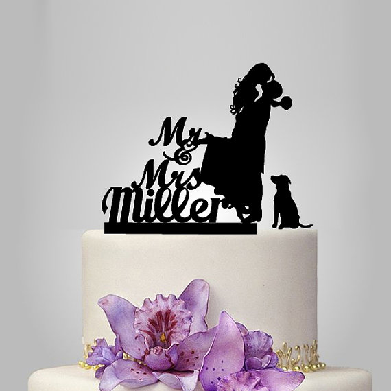 Wedding - personalize wedding Cake Topper with dog,  Bride and Groom wedding Cake Topper Silhouette, funny wedding cake topper,  unique topper