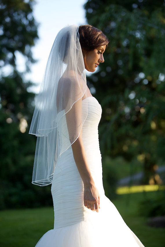 Hochzeit - Fingertip veil with blusher, double-tier 1/8" soutache braid trim, Swarovski pearls & crystals along trim, Bridal veil, bridal accessories.
