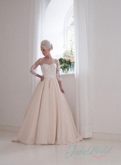 زفاف - JW16036 vintage champagne sheer top long sleeved a line wedding dress