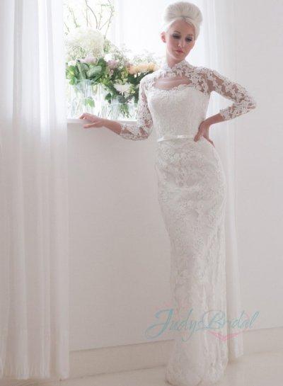 Hochzeit - JW16034 vintage inspired high neck lace long sleeves sheath wedding dress
