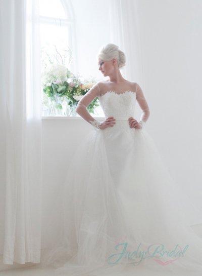 Hochzeit - JW16035 sheer tulle top long sleeved sheath lace convertible wedding dress