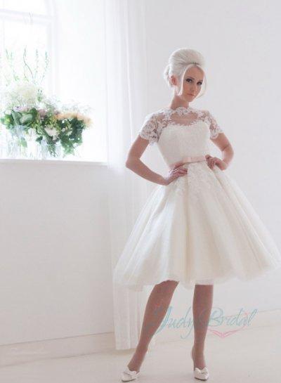 Wedding - JW16032 Lovely illusion lace top short sleeves tea length vintage wedding dress