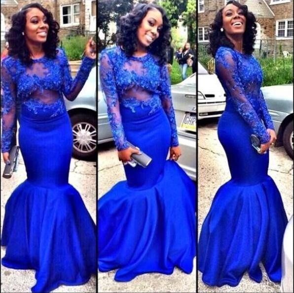 Wedding - Royal Blue Mermaid Evening Dresses Plus Size Real Image Sweep Satin Appliques Long Sleeve Prom Dress Long Party See Through Gowns Sexy Online with $115.71/Piece on Hjklp88's Store 