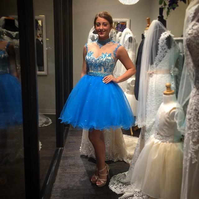 Wedding - 2015 Light Blue Tulle High Neck Beads Short Prom Dresses Applique A-Line Sheer Custom Made Cocktail Gowns Party Pageant Ball Gowns Cheap Online with $88.7/Piece on Hjklp88's Store 