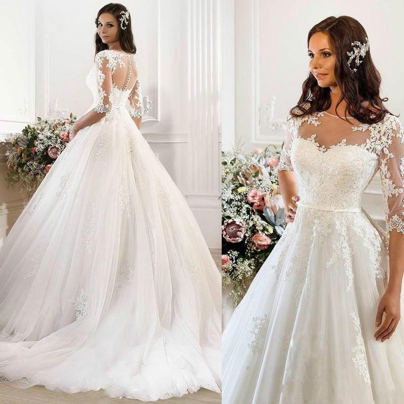 Wedding - Vintage Wedding Dresses 2015 Cheap Illusion Applique Chapel Train Tulle Ivory Lace Ball Gown Half Sleeve Belt A Line Bridal Gowns Custom Online with $129.95/Piece on Hjklp88's Store 