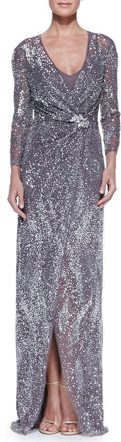 Wedding - Jenny Packham Beaded Three-Quarter Sleeve Gown with Wrap Front