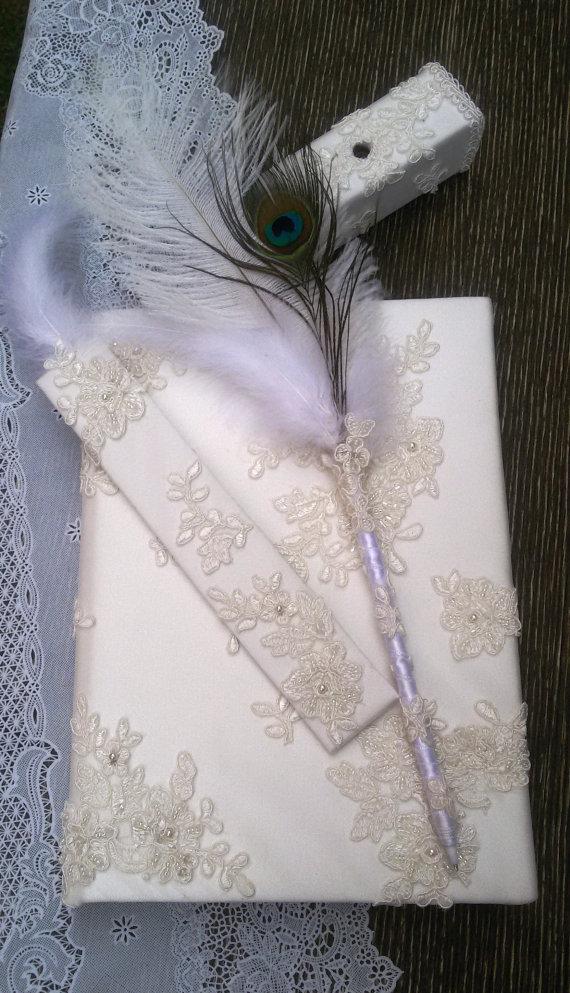 Hochzeit - Wedding, Paper Goods, Wedding Accessories, İvory lace guest book, Guest book and pen, Guest book and bookmarks