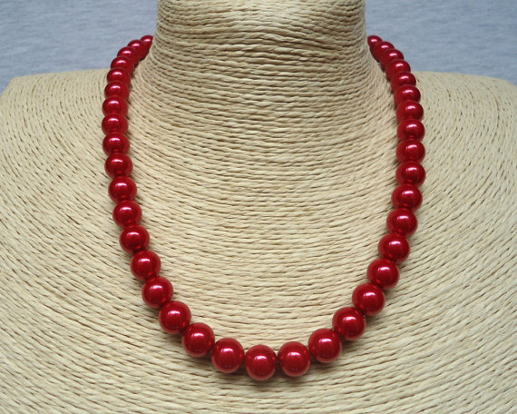 زفاف - red pearl necklace,10mm pearl necklace,necklace,wedding necklace,bridesmaid  necklace, Glass pearl jewelry,wedding gift, Pearl Necklace,