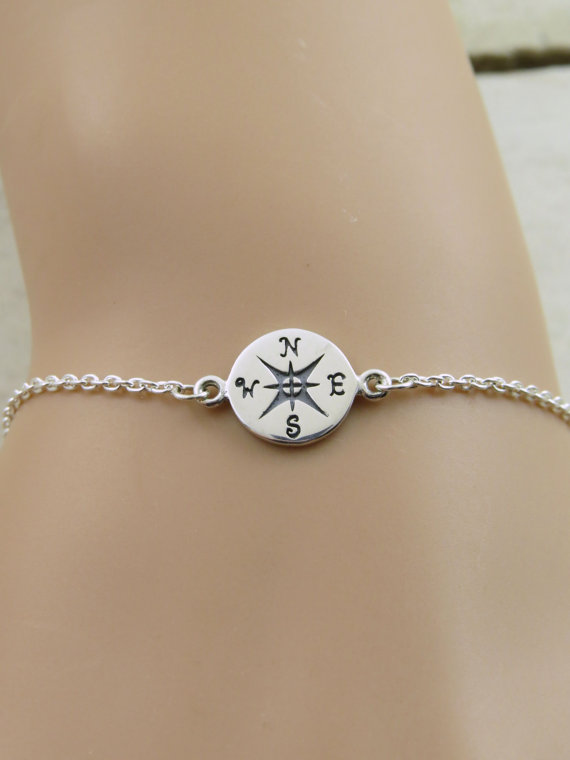 Hochzeit - Compass bracelet, Sterling Silver compass bracelet, travel bracelet, graduation gift, friendship bracelet, bridesmaid gift ,personalized
