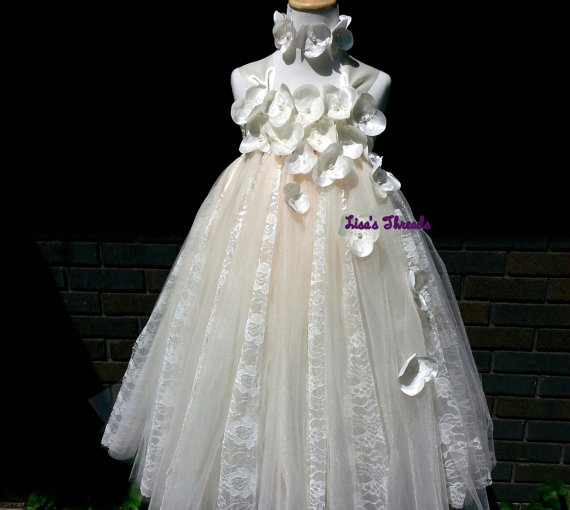 Wedding - Ivory lace flower girl dress/ Ivory junior bridesmaids dress/ Flower girl pixie tutu dress/ Tulle dress