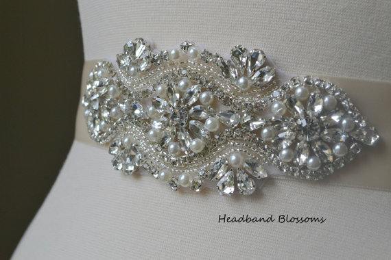 زفاف - Elegant Pearl Crystal Bridal Sash - Wedding Belt - Satin Ribbon Sash - Wedding Accessories Crystal Applique Prom Bridesmaids Ivory White