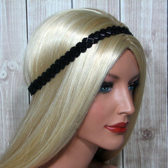 P Prettyia Boho Hair Jewelry Women Lace Head Chain Jewelry Hair Band Black Beads Headband