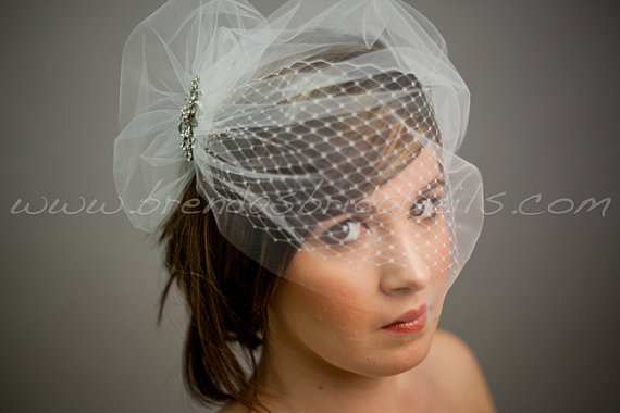 Wedding - Bridal Veil Set, Double Layer Bandeau Birdcage Veil Tulle Over Netting, Rhinestone Brooch, White, Diamond White, Ivory, Champagne, Black
