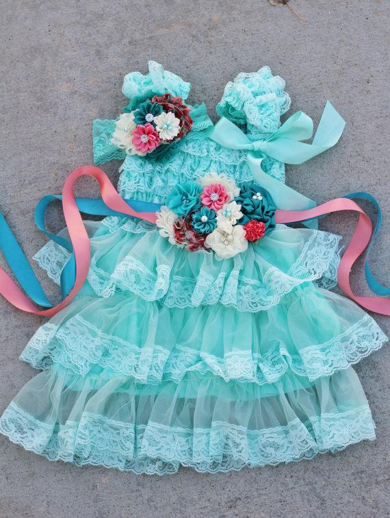 Hochzeit - aqua ivory coral dress sash headband SET,lace girl Dress,baby dress,Flower girl dress,First 1st Birthday Dress, girls photo outfit