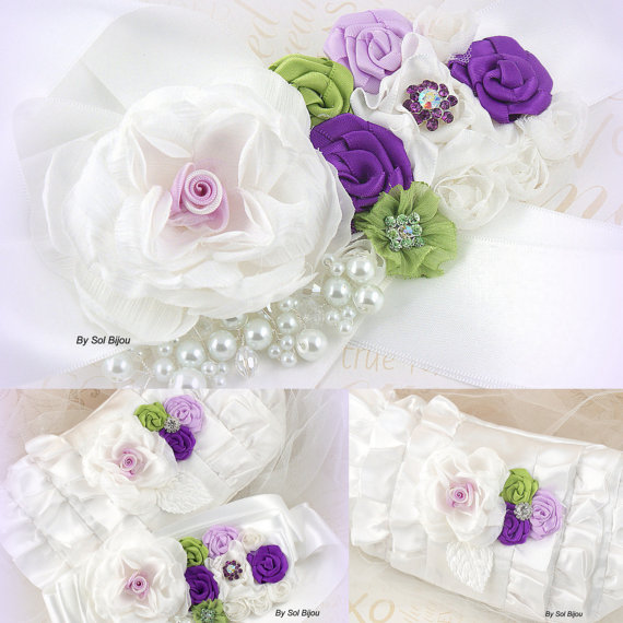 Hochzeit - Sash, Bridal, Wedding, Clutch, Handbag, Purse, Wristlet, White, Purple, Green and Lavender with Pearls and Crystals