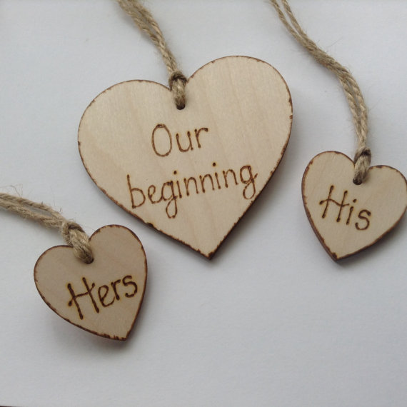 Hochzeit - Unity candle decoration Our beginning, His, Hers  wooden hearts, candle dressing, wedding candles