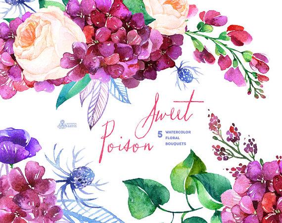 Wedding - Sweet Poison: 5 Watercolor Bouquets, hydrangea, roses, poppy, wedding invitation, floral, greeting card, diy clip art, purple flowers