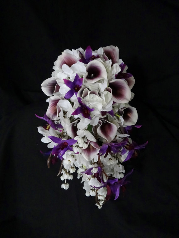 زفاف - Cascading picasso calla lily hydrangea bouquet, dendrobium orchid, white, purple, teardrop bouquet, bridal bouquet