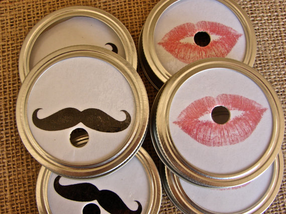 Mariage - Mustache and Lips - Party Mason Jar Lids - 6 Lids Only