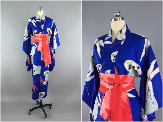 زفاف - Vintage 1930s Silk Kimono Robe / Art Deco Blue Dragonfly IKAT