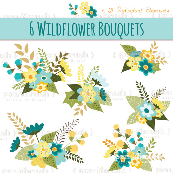 Wedding - Flower Bouquet Clip Art // Floral Arrangement // Vector EPS Editable // Flowers Leaves Twigs // Blue Yellow Green // Photoshop Brush Stamp