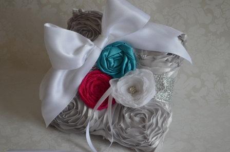 زفاف - Wedding ring pillow- bow, hot pink, teal, silver ring holder, flower pillow, custom pillow, rosette pillow, satin pillow