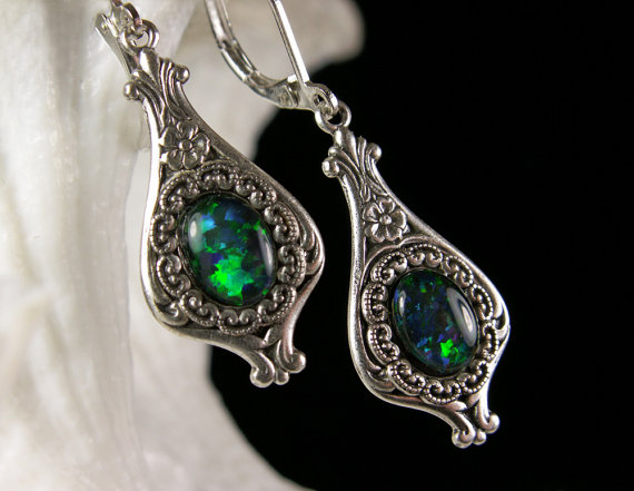 Hochzeit - Steampunk Earrings Peacock Blue Green Opal Crystal Drop Antiqued Silver Filigree Titanic Temptations Jewelry Vintage Victorian Bridal Style