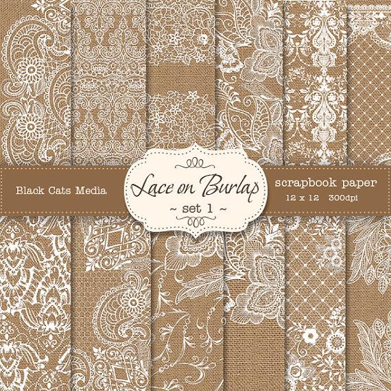 زفاف - Burlap and Lace Digital Paper: Burlap Wedding Invitation Paper, Lace Paper, Lace Background, Burlap Wedding Decorations - instant download