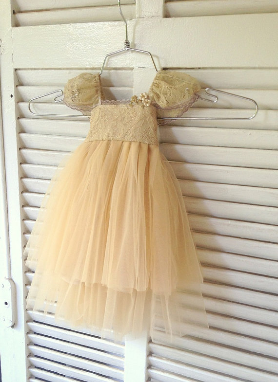 Mariage - Gold flower girl dress French lace and silk tulle dress for baby girl gold princess dress gold champagne tutu dress
