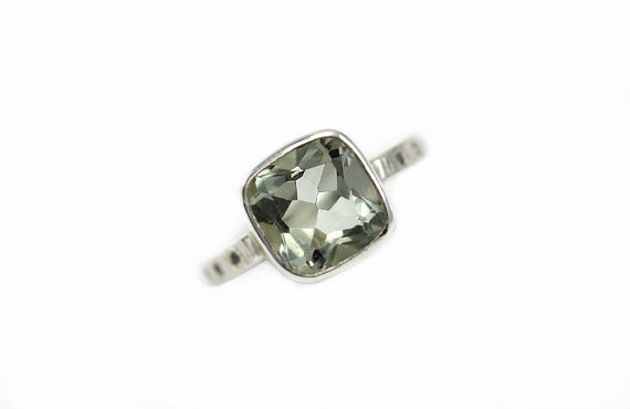 Mariage - Green Amethyst Cushion Ring with Diamond Accents - Sterling Silver - Wedding Engagement Promise Ring - Custom Made to Order