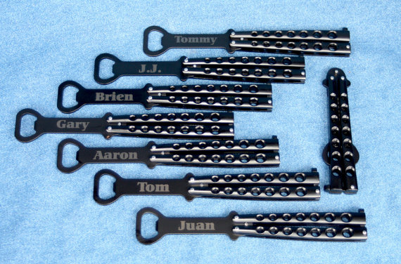 Wedding - Set of 7 Groomsmen Gifts - Engraved Butterfly Knife Bottle Openers, Personalized Present for Men, Unique gift for Men