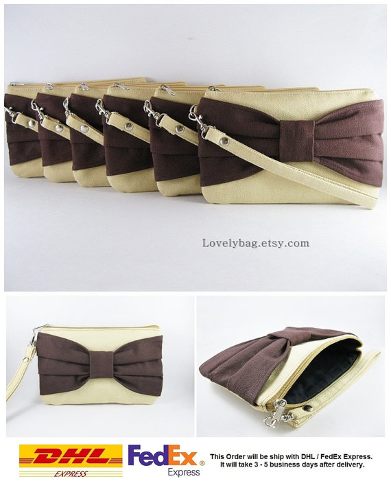 Wedding - SUPER SALE - Set of 5 Cream with Brown Bow Clutches - Bridal Clutches, Bridesmaid Clutch, Bridesmaid Wristlet, Wedding Gift - Made To Order