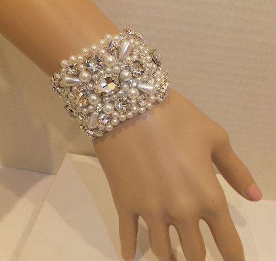 Wedding - Vintage Inspired Wedding Bracelet, BETHANY, Bridal Bracelet, Pearl Bracelet, Rhinestone Bracelet, Bridal Jewelry, Bridesmaid Bracelet