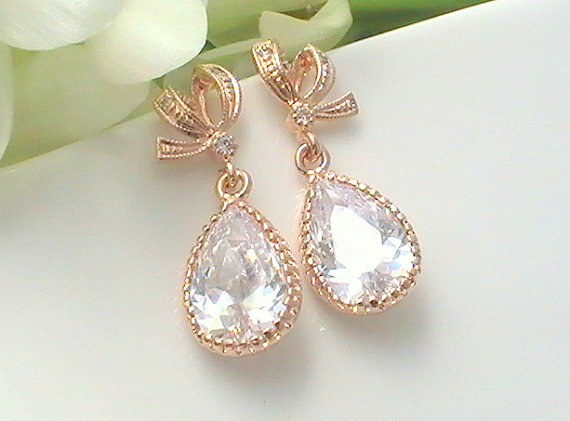 Hochzeit - Rose Gold Crystal Earrings- Rose Gold Bridal Jewelry- Cubic Zirconia Bow Earrings- Bow Jewelry- Wedding Earrings- Unique Bridesmaid Gift