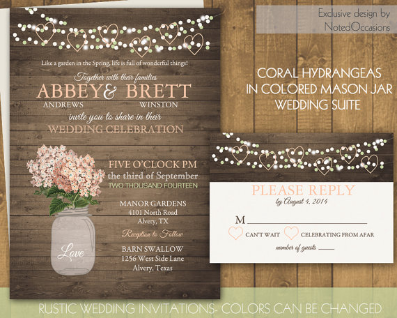 Wedding - Mason Jar Wedding Invitations - Rustic Wedding Invitations 
