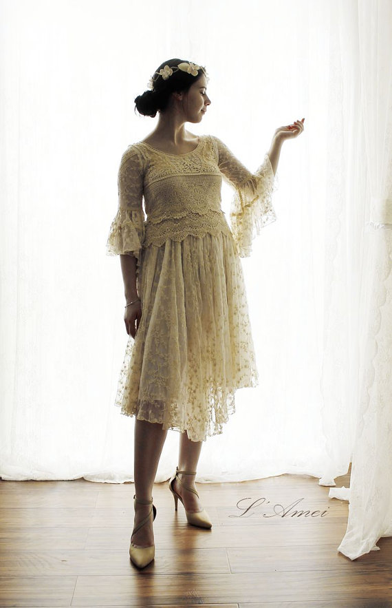 Hochzeit - Princess Kathryn Speaker sleeve Cotton lace wedding dress Woodland Wedding Dress New Design by LAmei AM186504986